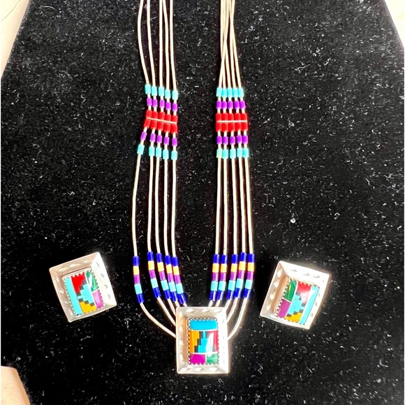 Southwest Style Necklace Earring Set Liquid Silver Semi-Precious Inlay Stones - Picture 7 of 16